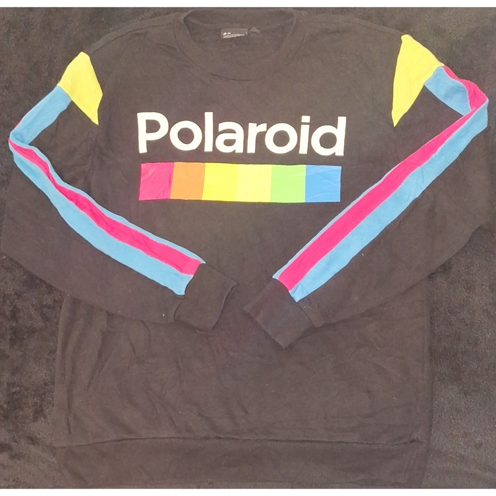 Polaroid Mens Fleece Colorblock Graphic Print Pullover Sweatshirt M Black Retro